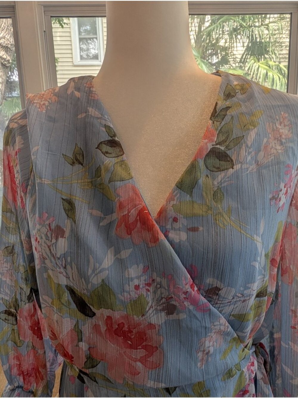 Whimsical Rose Print Maxi Wrap Dress Size L Flowing Light Blue Fairy Ethereal - Picture 4 of 7